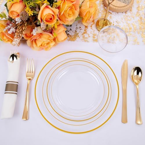 WELLIFE 350PCS Clear-Gold Plastic Plates - 100 Disposable Plates, 150Plastic Silverware, 50 Cups, 50 Napkins for Wedding & Party - Image 4
