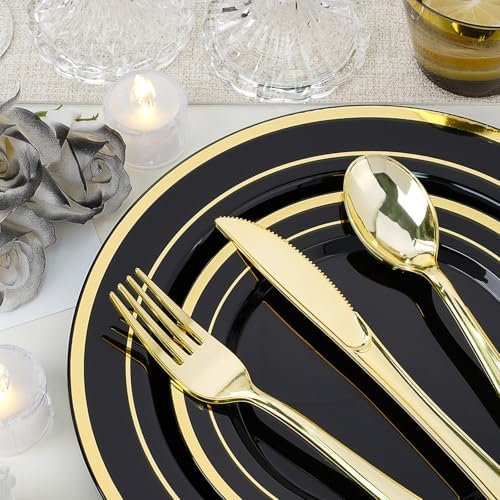 realluck 350 PCS Black Plastic Dinnerware Set for 50 Guests, 100 Disposable Plates for Party, 50 Pre Rolled Napkins with Gold Silverware, 50 Cups for Graduation - Image 4