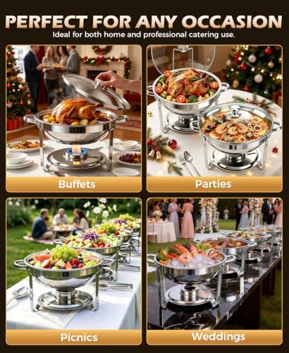 Chafing Dishes for Buffet Set,4 Pack 5QT Round Stainless Steel Chafing Dish Set, Food Warmers for Parties Buffet for Home Parties, Christmas Gatherings, Catering Events Complete Buffet Warmer Set - Image 5