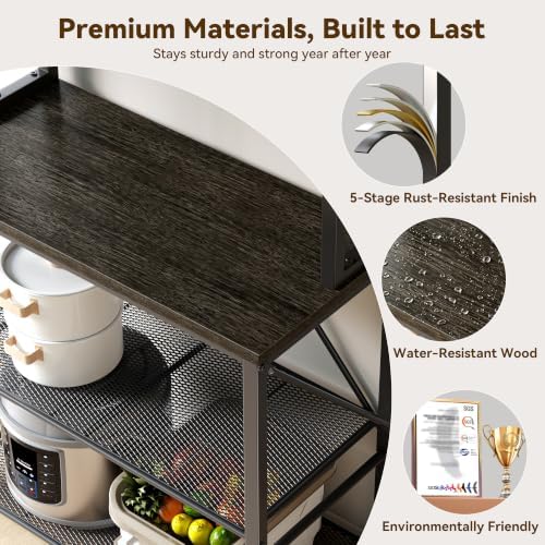 YASONIC Coffee Bar, Bakers Rack with Storage, 25.6 Inches Microwave Stand, 5 Tier Kitchen Shelves Appliance Storage, 12 S Hooks Large Coffee Station for Spices, Pots and Pans, Gray - Image 6