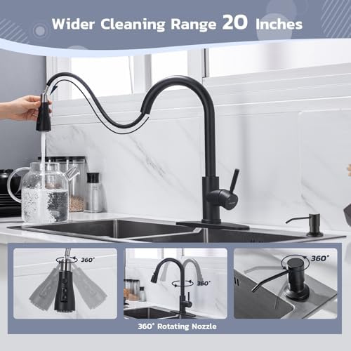WEWE Kitchen Faucet with Soap Dispenser Set, Pull-Down, Matte Black - Image 5