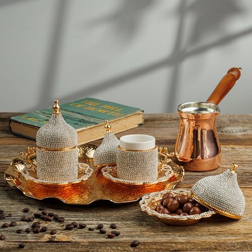 DEMMEX Turkish Greek Arabic Coffee Making and Serving Full Set with Cups Saucers Lids Sugar Bowl Tray and Copper Coffee Pot, Hand Decorated with Gold Crystals, 12 Pcs (Crystals) - Image 6