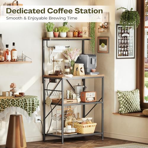 Huuger 4-Tier Bakers Rack with Reversible Power Outlet, 23.6 Inch Microwave Stand, Kitchen Coffee Bar, with Top Shelf, 6 S Hooks, Rustic Brown - Image 7