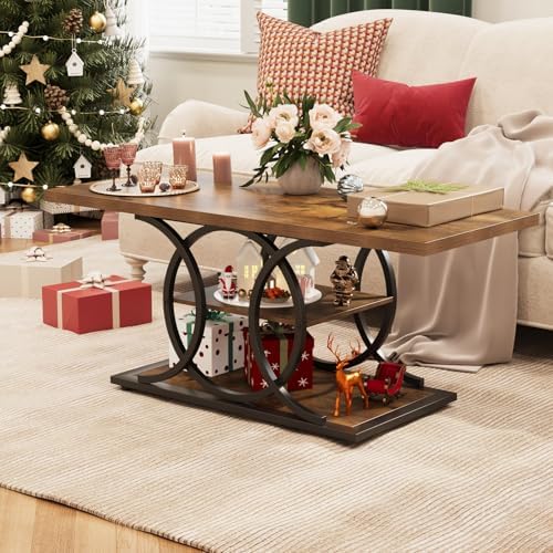 GiftGo Rustic Coffee Table with Storage Industrial 3 Tier Center Living Room Table Farmhouse Wooden Rectangle Cocktail Tea Table for Office Bedroom Elegant Full Moon Round Metal Frame (Brown, L-47) - Image 4