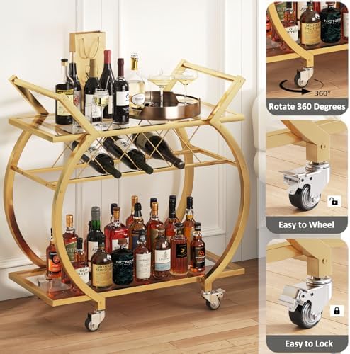 LVB Gold Bar Cart with Glass, Bar Cart with Wheels, Wine Cart with Storage - Image 4