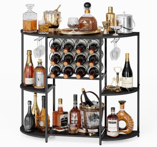 JKsmart Home Bar Cabinet with 12 Bottle Wine Rack, 3-Tier Liquor Cabinet with Glass Holders, 3-Sided Open Bar Shelf for Whiskey, Spirits, Wine Storage and Home Bar Accessories by JKsmart