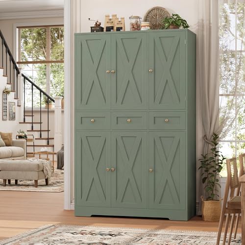 HOSTACK 67"H Farmhouse Kitchen Pantry Storage Cabinet with 3 Drawers, Green - Image 4