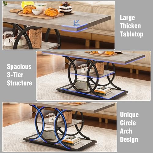GiftGo Rustic Coffee Table with Storage Industrial 3 Tier Center Living Room Table Farmhouse Wooden Rectangle Cocktail Tea Table for Office Bedroom Elegant Full Moon Design (Vintage Gray, L-47) - Image 5