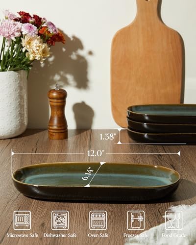 12" Deep Serving Platters, Stoneware Party Tray Set for Entertaining, Microwave Safe Large Platter for Fruit/Cheese/Cookie/Sushi/Appetizer, Ceramic Serving Trays Plates of 4, Aurora Green - Image 2
