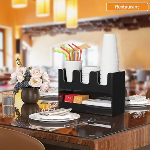 Beego 4-Compartment Cup Holder for Countertop - 2-Tier Black Acrylic Cup Dispenser Coffee Station Paper Cup and Lid Organizer Condiment Storage for Restaurant Breakroom Kitchen Bar Accessories - Image 4