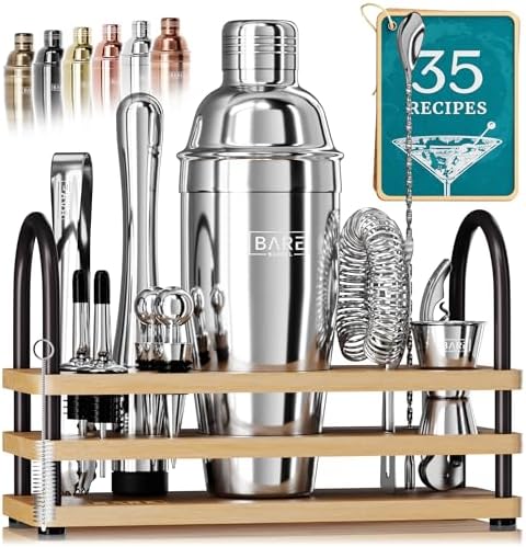BARE BARREL® Mixology Bartender Kit Bar Set | 14-Piece Cocktail Shaker Set | Martini Barware Mixing Tools for Home Bartending | 35 Recipe Cards | Gift Set (24oz Cobbler Shaker, Silver/Natural) by BareBarrel