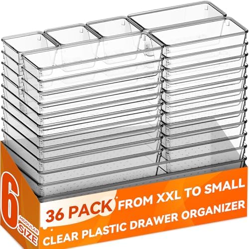 Criusia 36 Pack Large Clear Plastic Drawer Organizer Bins - 6 Size Acrylic Kitchen Drawer Organization and Storage for Utensils Gadgets, Office Bathroom and Vanity Organizer for Makeup Accessoires by Criusia