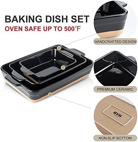 HVH Baking Dish Set, 9x13 Baking Dish, Ceramic Lasagne Pan Deep, Large Casserole Dish Set, Baking Dishes for Casseroles 13 x 9, Ceramic Bakeware Set of 3, Farmhouse Style (Black) - Image 6