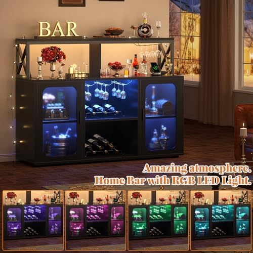 Aheaplus Bar Cabinet with Power Outlets, Liquor Cabinet with Led Lights and Glass Holder, Storage Buffet Cabinet Coffee Bar Cabinet for Liquor, Wine Cabinet with Racks -G2, Black - Image 5