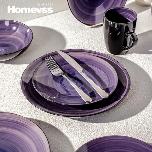 HomeVss Sonoma 16-Piece Dinnerware Set - Serves 4, Black and Speckled Purple Plates & Bowls Set | Microwave & Dishwasher Safe, Spinwash Purple - Image 4