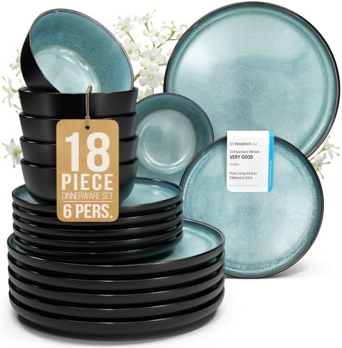 18 Piece Stoneware Dinnerware Set for 6, Handcrafted Plates and Bowls Set by PURELIVING