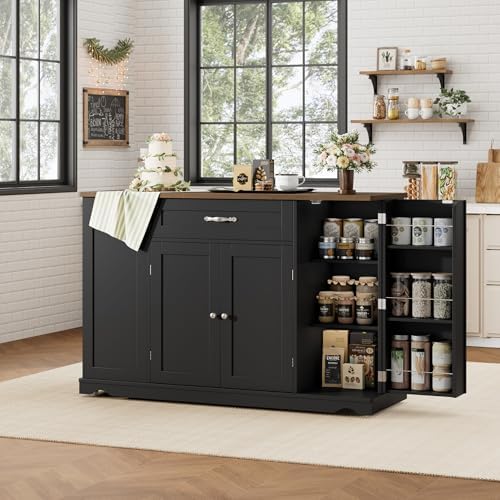 HOSTACK 47" W Kitchen Island Cart with Storage, Rolling Island Table, Black - Image 4