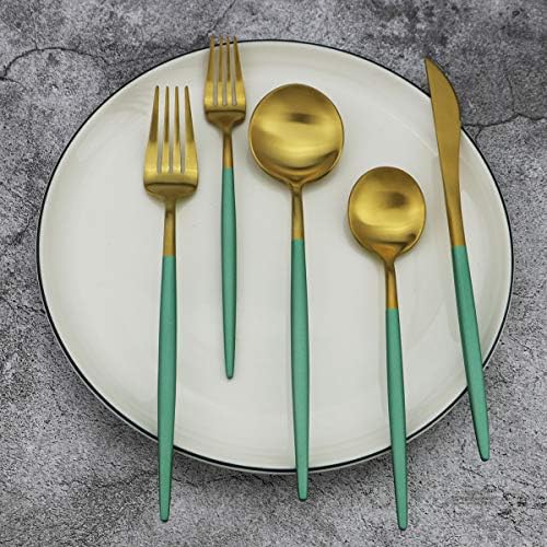Green Handle Matte Gold Silverware, Gugrida 5-Piece 18/10 Stainless Steel Flatware Set, Kitchen Utensils, Tableware Travel Cutlery for Camping Office Lunch, Satin Finish, Dishwasher Safe - Image 7