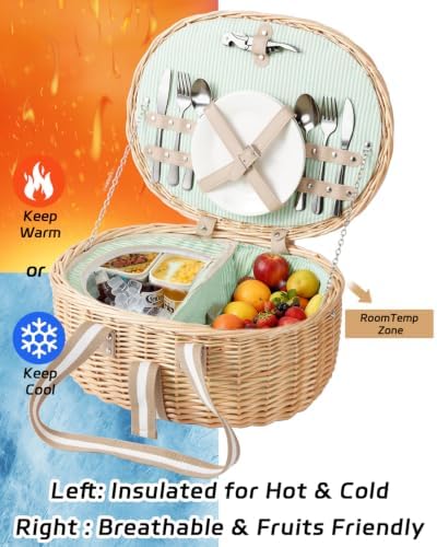 Picnic Basket for 2, Insulated Willow Hamper Set, Natural - Image 2