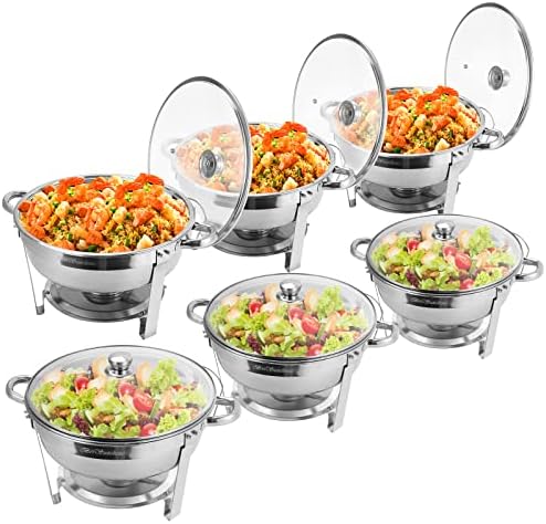 Chafing Dish Buffet Set 6 Packs, 5 QT Stainless Steel Round Chafing Dishes with Glass Lid & Lid Holder, Food Warmer For Parties Buffet Weddings Catering Events by BriSunshine