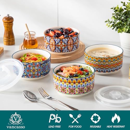 vancasso SIMI 36 oz Ceramic Bowls with Lids Set of 4,Bohemian Serving Bowl - Image 3