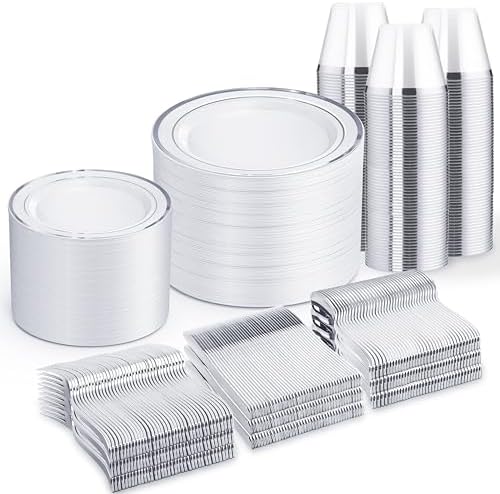 WELLIFE 600 PCS Silver Disposable Dinnerware Set for 100 Guests by WELLIFE