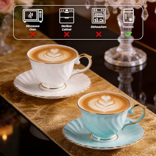 KAMMAK Tea Cups and Saucers Set of 2, Fine Bone China Coffee Cups, GH023 - Image 6