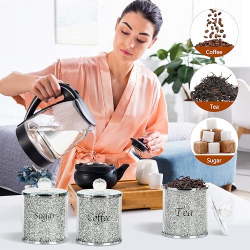 Topsky Coffee Sugar Tea Crystal Canister Set of 4,Sparkly Crystal Crushed Diamonds Home Decor,Silver Kitchen Coffee Jar Storage Set with Label & Lid,Storage Container Set for Countertop,Dining Room - Image 2