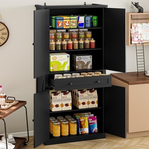 BORNOON Pantry Organizers and Storage Cabinet, 67.7” Barn Door Black Kitchen Cabinet with Drawers and Adjustable Shelf, Tall Pantry for Kitchen, Dining Room, Living Room - Image 3