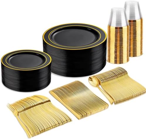 bUCLA 150 Pieces Black and Gold Disposable Dinnerware Set - 25 Guests Black Gold Plastic Plates Include 25 Dinner & 25 Dessert Plates, 25 Spoons, 25 Forks, 25 Knives, 25 Cups for Party & Graduation by BUCLA