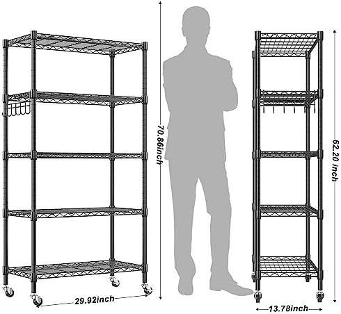 Homdox 5 Tier Metal Storage Shelves with Wheels, Heavy Duty Wire Shelving Unit, Adjustable Storage Racks with Side Hooks for Bathroom Kitchen Garage Pantry Organization, Black - Image 3