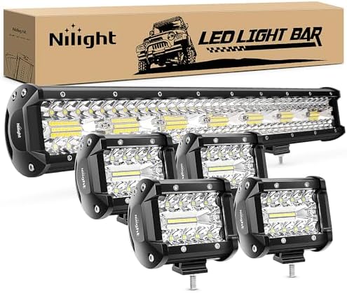 Nilight 20 Inch 420W Triple Row Flood Spot Combo Led Light Bar 4PCS 4Inch 60W LED Pods Driving Boat Lights Led Off Road Trucks Lights , 2 Years Warranty (ZH415), Black by Nilight