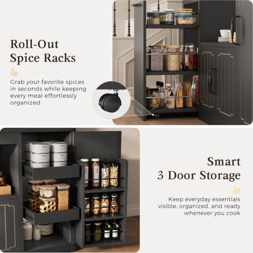 Fluted Kitchen Pantry Cabinet with Charging Station & LED Light, 47" Wide Kitchen Pantry Storage Cabinet with Countertop, Microwave & Appliance Storage, Food Pantry Cabinet for Dining Room ,Black - Image 4