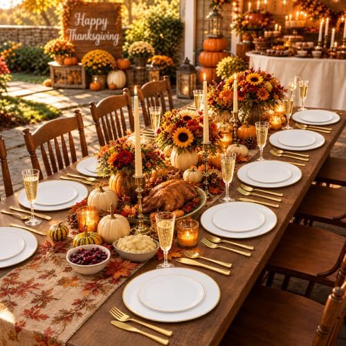 KIRE 175PCS Gold Plates Disposable - Heavy Duty White and Gold Plastic Plates Dinnerware Sets - 25 for Dinner 25 for Dessert 25 Pre Rolled Napkins and 25 Cups for Wedding/Party/Halloween/Thanksgiving - Image 3