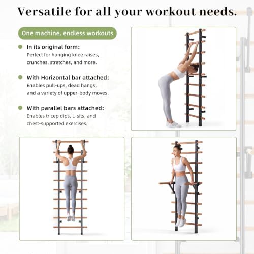 DHT Wood Stall Bar, Swedish Ladder Suspension Trainer with 9 Strategic Rods, for Home, Gym, School and Clinics, Black - Image 4