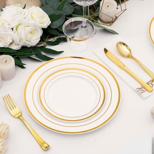700-Piece Gold Rim Plastic Dinnerware Set for 100 Guests, Elegant Disposable Dinnerware for Party, Wedding. Includes Dinner Plates, Dessert Plates, Gold Silverware, Napkins, Cups - Image 3
