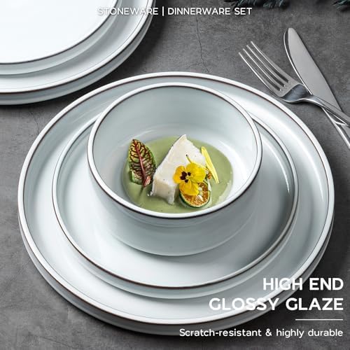Onader Dinnerware Dishes Sets for 8, Stoneware Plates and Bowls with Unglazed Terracotta Bottom, Ceramic Kitchen Dinner Dish Set, 24 Piece - Glacier White - Image 4