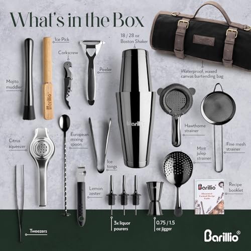 Barillio Bartender Kit Bag with Black Cocktail Shaker Set - Waxed Canvas, Traveling Bar Tools Bag with 17-Pc Cocktail Kit - Travel Mixology Bartending Kits - Mobile Bar Roll with Strap & Accessories - Image 2