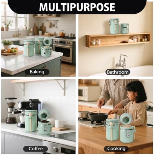 4 Piece Airtight Ceramic Canister Set With Attached Wooden Spoon Reusable Chalk Labels For Dry Goods Sugar Coffee Tea Kitchen Storage Use (Mint Green) - Image 3