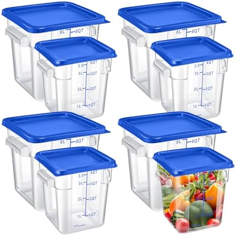 Suclain 8 Pack 4 QT and 6 QT Food Storage Containers with Lids Scales Handles Square Clear Restaurant Food Storage Containers Polycarbonate Commercial Grade for Kitchen Marinating Meat Dough(Blue) by Suclain