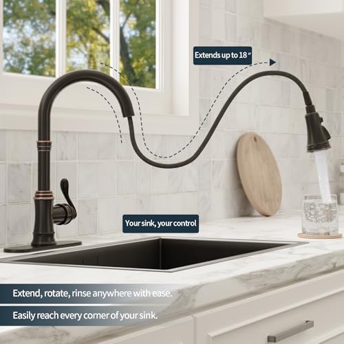 BWE Solid Brass Oil Rubbed Bronze Pull Down Kitchen Faucet for Farmhouse RV - Image 2