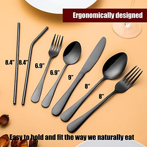 84 Pieces Black Silverware Set Service for 12 Flatware Set with Straws Stainless Steel Utensils Cutlery Set Dishwasher Safe - Image 4