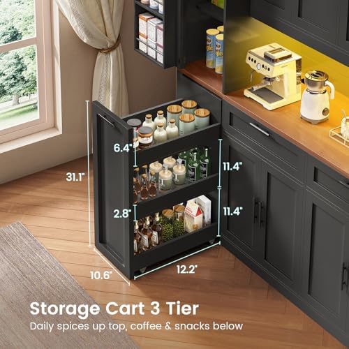 Itaar 71" Kitchen Pantry Cabinet with Charging Station and Led Light, Kitchen Storage Cabinets with Microwave Stand, 59" Wide Pantry Storage Cabinet with Storage Cart 3 Tier for Dining Room, Black - Image 6