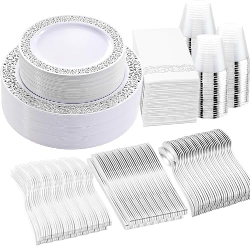 WELLIFE 350pcs Silver Party Dinnerware Set for 50 Guests, Silver Wedding Plates Disposable Heavy Duty, Including :50 Dinner Plates, 50 Dessert Plates, 50 Cups, 50 Napkins, 50 Sliver Silverware Set by WELLIFE
