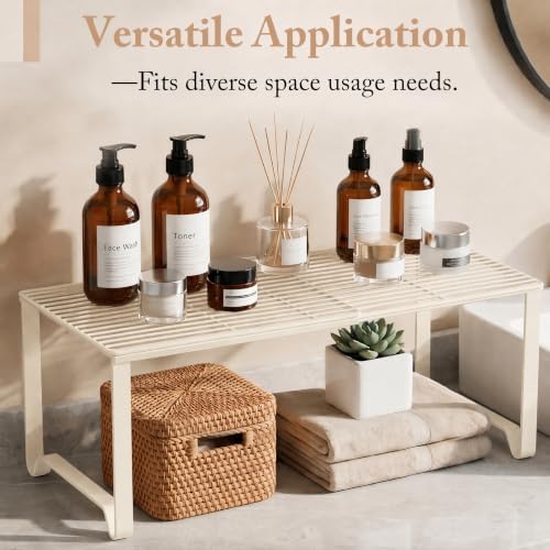 Extendable Metal Wire Shelf Organizer - Adjustable 15-24.4in Length, Stackable Storage Rack for Kitchen/Pantry/Bathroom/Shoe Cabinet/Tool Closet (2, Cream) - Image 4
