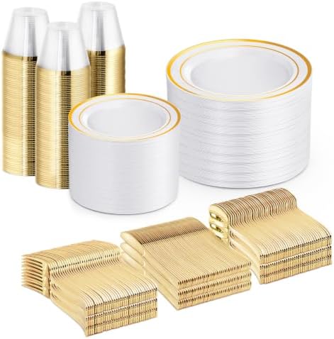 WELLIFE 600 PCS Gold & White Disposable Dinnerware Set for 100 Guests by WELLIFE