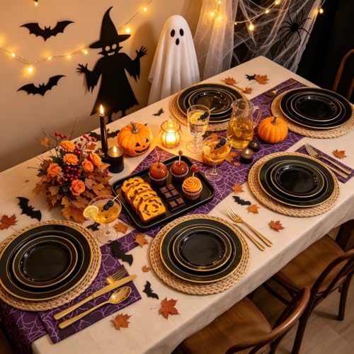 GATHER 350Pcs Black and Gold Plastic Plates for Wedding Party Halloween - Image 3
