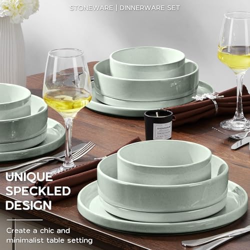 Onader Speckled Dinnerware Set for 4 with Pasta Bowl, 16 Piece Stoneware Plates and Bowls Dishes Set, Microwave & Dishwasher Safe – Pale Sage Green - Image 5