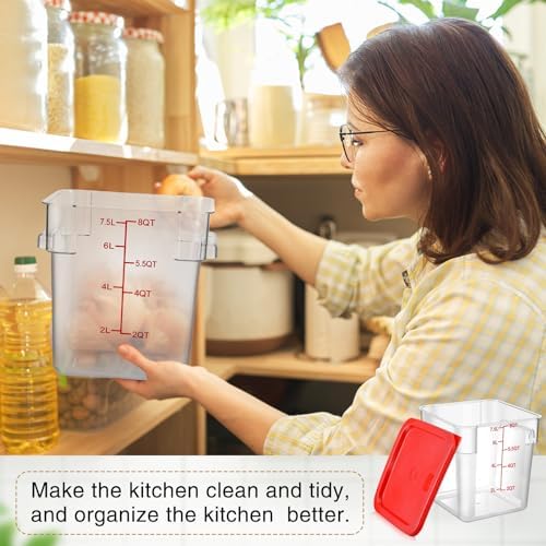 Suclain 2 Pcs Square Food Storage Container Polycarbonate Clear Food Container with Lid Commercial Rice Storage with Graduations for Commercial Kitchen(8 Qt,Red) - Image 4
