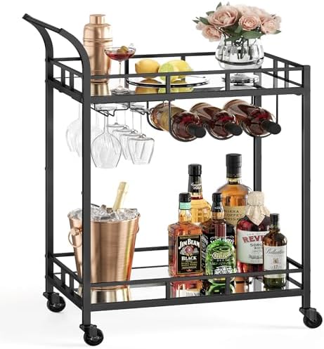 VASAGLE Bar Cart with 2 Mirrored Shelves, Wine Holders, Glass Holders by VASAGLEbySONGMICSHOME